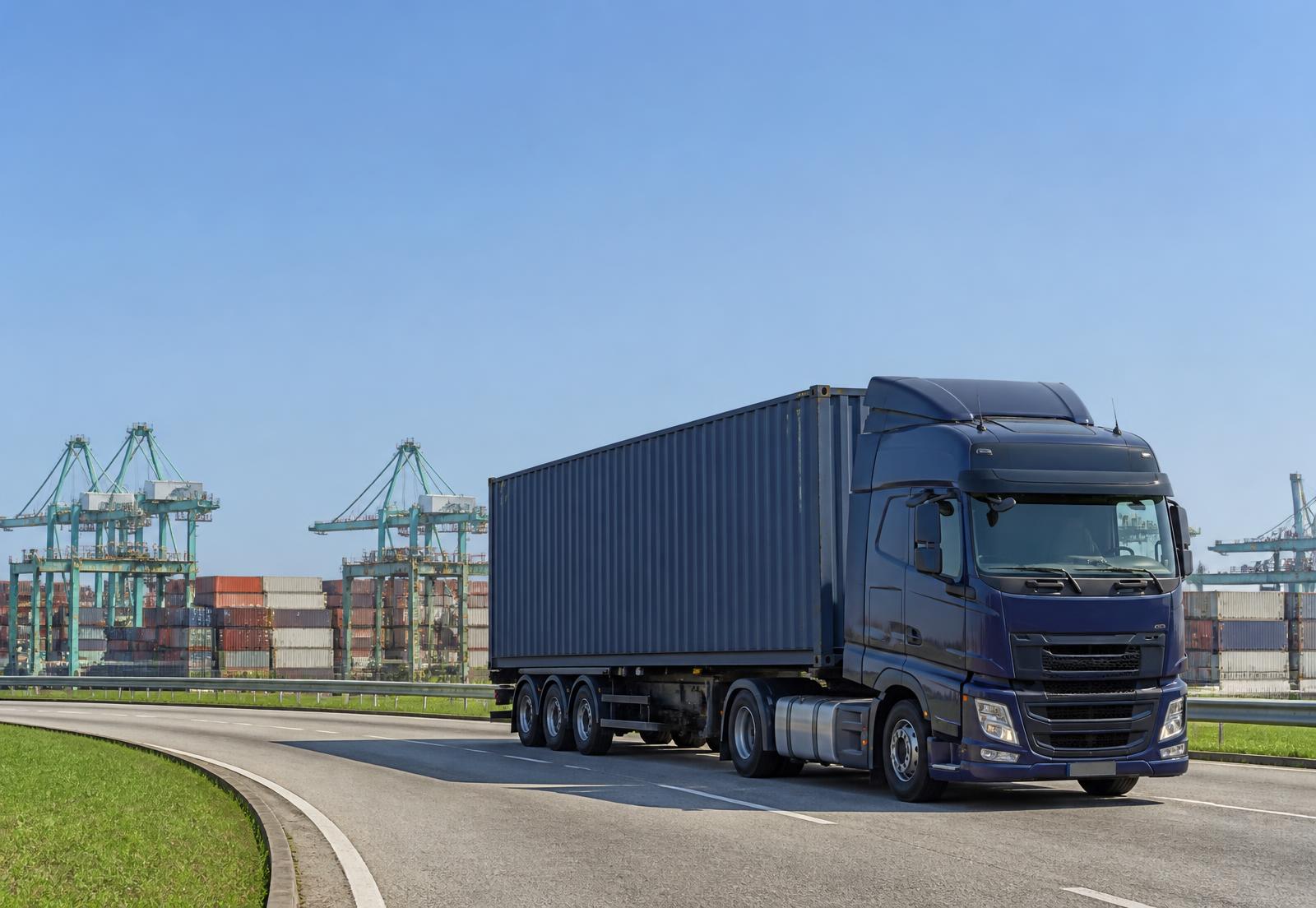 Caminhão transportando um contêiner próximo a um terminal portuário